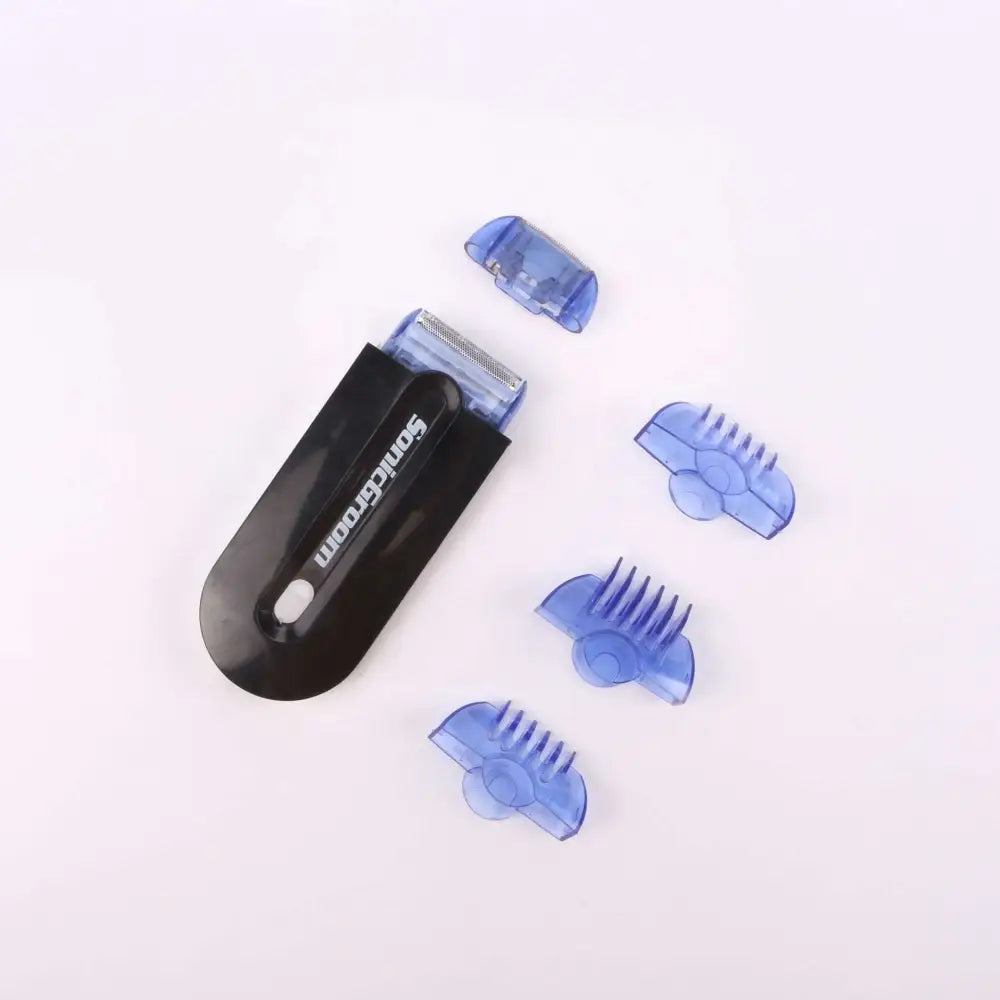 Black sonicboom electric hair removal device with sensa-light head and blue plastic attachments for handheld use
