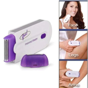 White and purple handheld electric hair removal device with sensa-light head and interchangeable attachments for face legs and arms