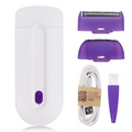 White and purple handheld electric hair removal device with sensa-light head interchangeable heads usb cable and brush