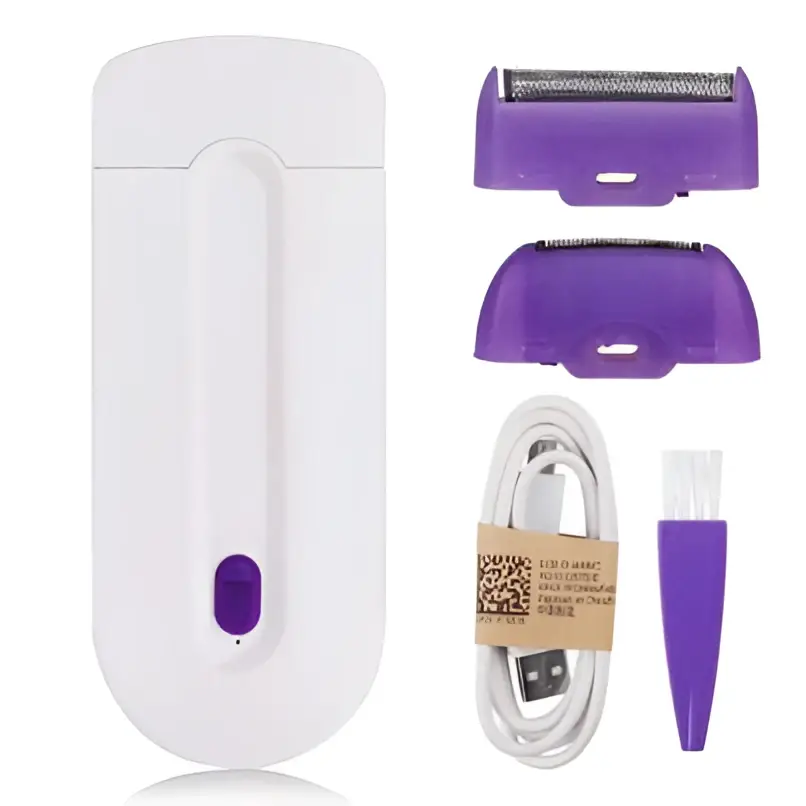 White and purple handheld electric hair removal device with sensa-light head interchangeable heads usb cable and brush