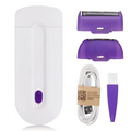 White handheld electric hair removal device with sensa-light head and interchangeable purple razor heads