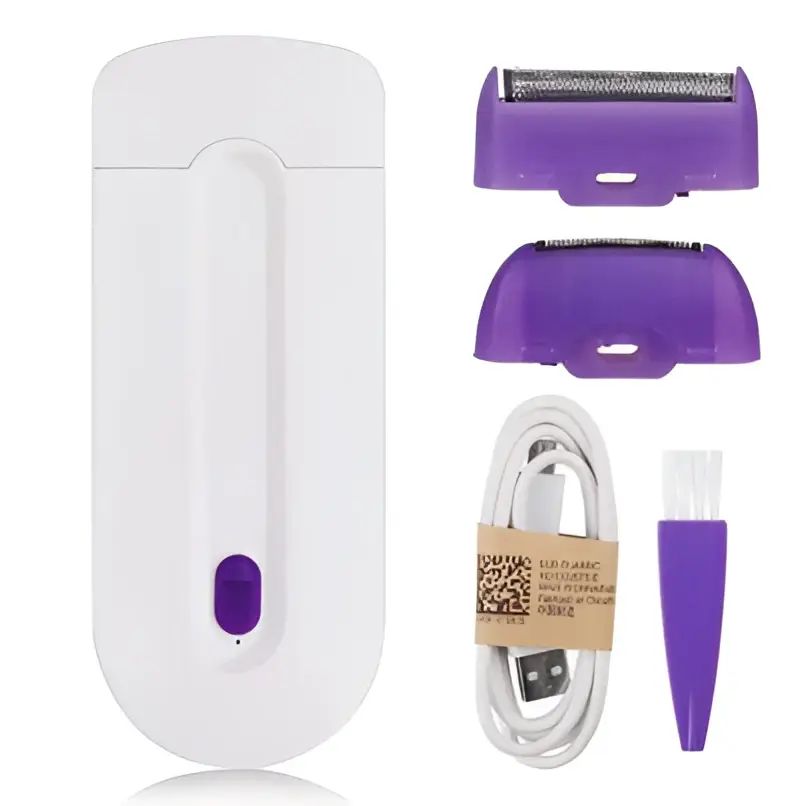 White handheld electric hair removal device with sensa-light head and interchangeable purple razor heads