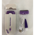 Electric hair removal device with sensa-light head in purple and white includes detachable razor, usb cable, and brush