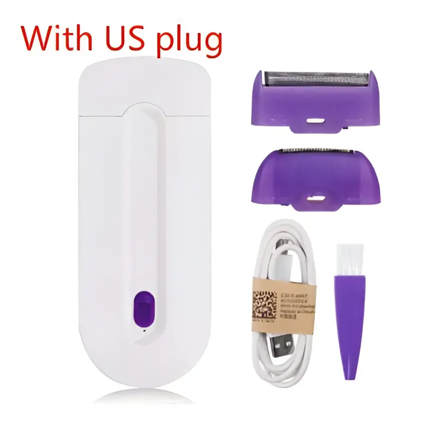 White handheld electric hair removal device with sensa-light head and interchangeable purple razor heads for precision use