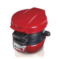 Red Hamilton Beach electric hamburger maker with black non-stick plates and silver control panel for versatile cooking