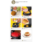 Red and black electric hamburger maker with open-faced cooking surface for eggs by Royale Essence Lux and Black Hamilton Beach
