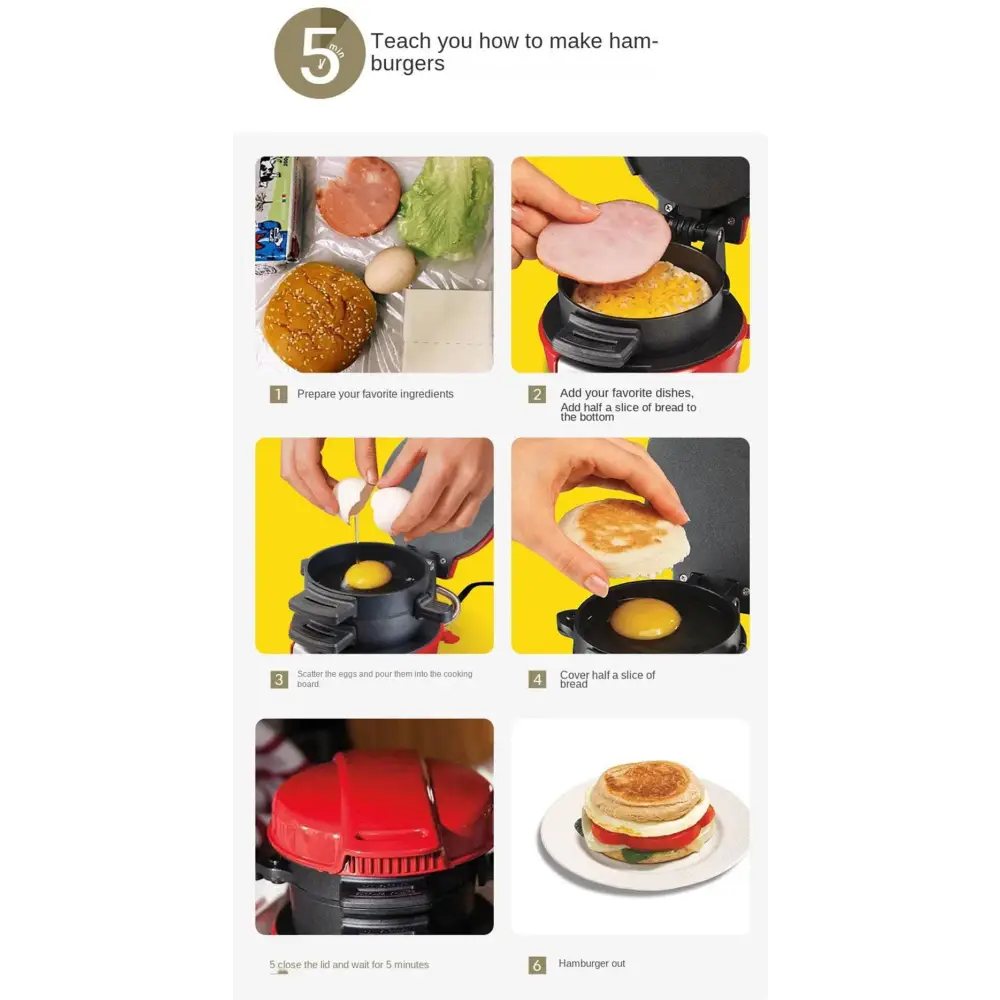 Red and black electric hamburger maker with open-faced cooking surface for eggs by Royale Essence Lux and Black Hamilton Beach