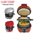 Red and black electric hamburger maker with built-in egg toaster cooking sandwich with egg lettuce and fried chicken patty