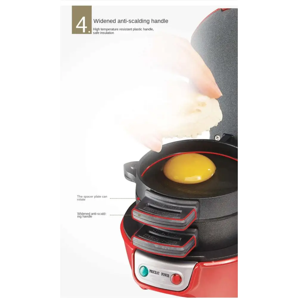 Red and black multi-layered egg cooker with wide anti-scalding plastic handle for electric hamburger maker royale essence lux