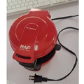 Red raf electric hamburger maker with glossy finish and black power cord for egg toasting and waffle making
