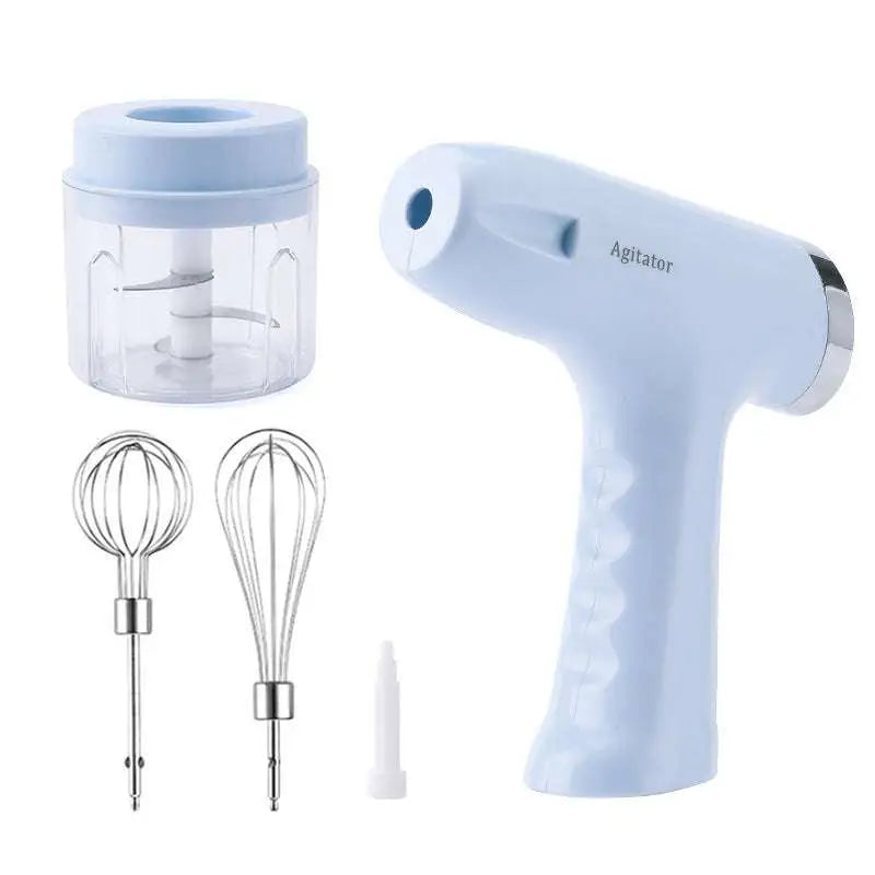 Light blue electric hand whisk with silver accents and two wire beaters for cream automatic blender speed settings