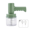Mint green electric hand whisk and food processor set with clear plastic bowl white spiral blade and speed settings