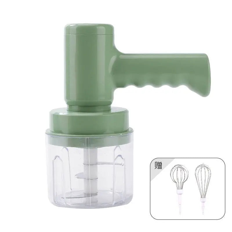 Mint green electric hand whisk and food processor set with clear plastic bowl white spiral blade and speed settings