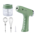 Mint green electric hand whisk with clear plastic blending container metal whisk attachments and adjustable speed settings