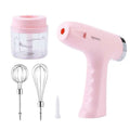 Electric hand whisk in pink with silver accents and two wire beaters for cream automatic blender with speed settings