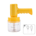 Yellow plastic electric hand whisk food processor set with clear acrylic base metal blade assembly and speed settings