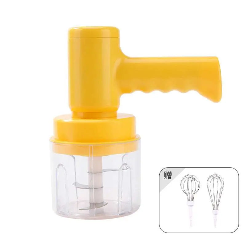 Yellow plastic electric hand whisk food processor set with clear acrylic base metal blade assembly and speed settings