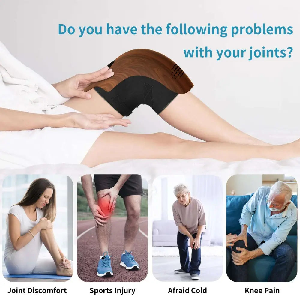 Black and wood-textured electric intelligent kneading heating knee massager with a sleek ergonomic design for knee pain relief