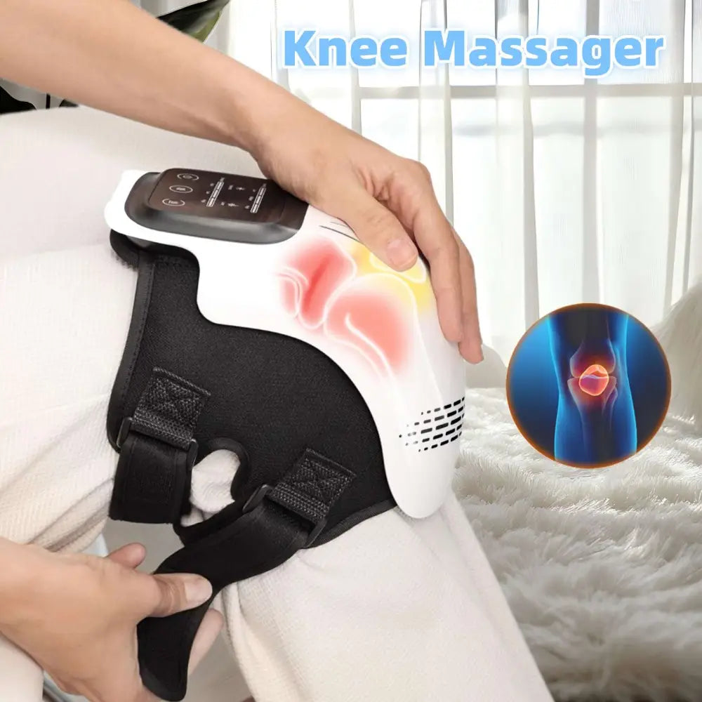 White and black electric intelligent kneading heating knee massager with adjustable straps for targeted knee pain relief