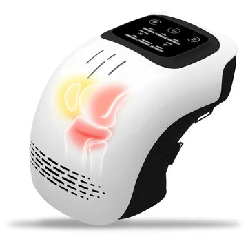 White and black electric intelligent kneading heating knee massager with digital control panel and joint diagram for knee pain relief