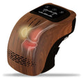 Electric intelligent kneading heating knee massager with wood grain finish, digital control panel, and knee pain relief diagram