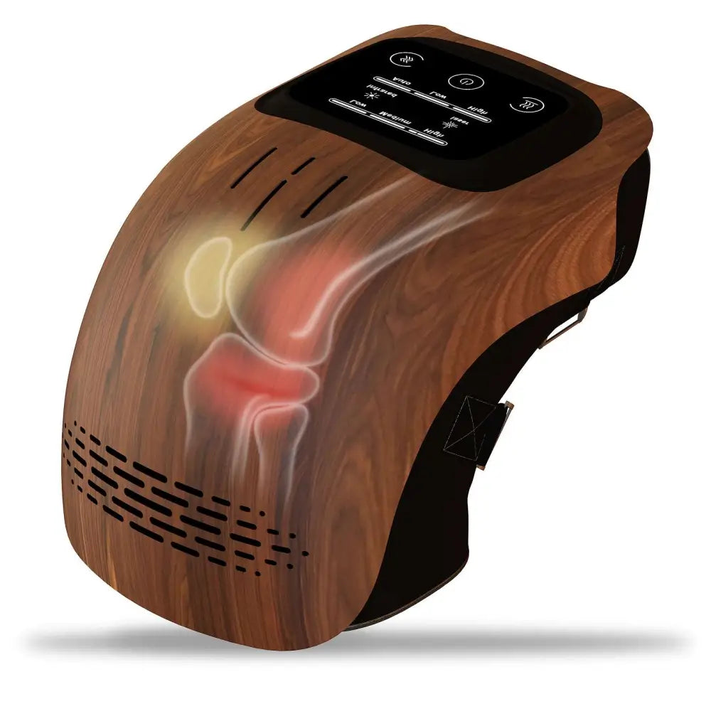 Electric intelligent kneading heating knee massager with wood grain finish, digital control panel, and knee pain relief diagram