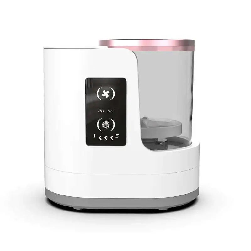 White and rose gold electric makeup brush cleaner with transparent design and sleek modern water tank