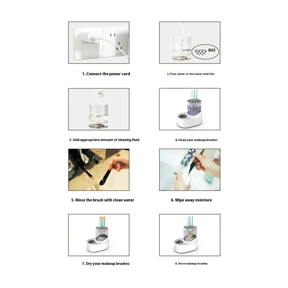 White electric makeup brush cleaner with transparent water tank and circular base for drying and cleaning brushes