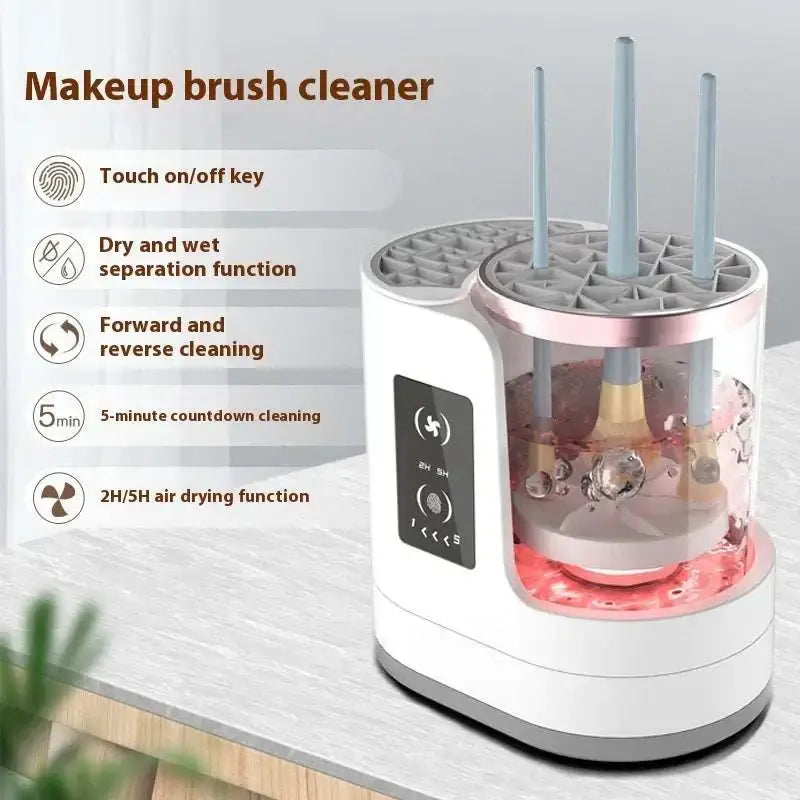 Electric makeup brush cleaner and dryer with white and rose gold transparent design holding three brushes rotating