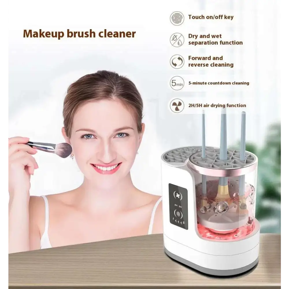 White and rose gold electric makeup brush cleaner with transparent design and sleek modern water tank