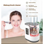 White and rose gold electric makeup brush cleaner with transparent design and multiple brush slots in cylindrical tank