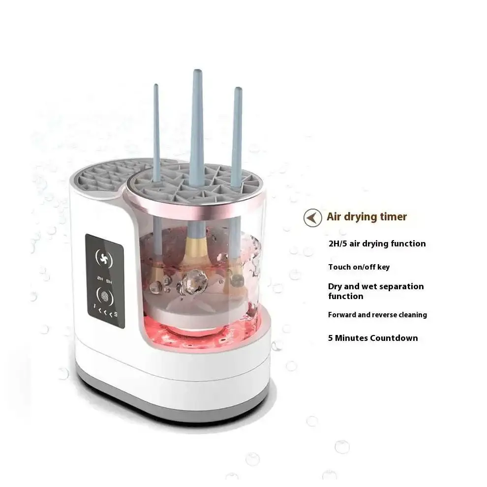 White and rose gold electric makeup brush cleaner with transparent design and three vertical slots for brushes