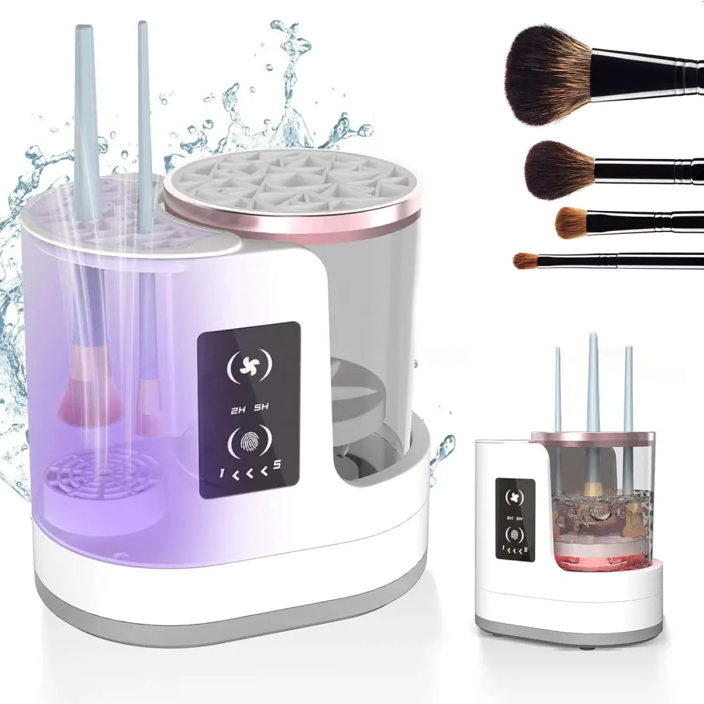 White and rose gold electric makeup brush cleaner with transparent cylindrical tank purple led lighting digital timer panel