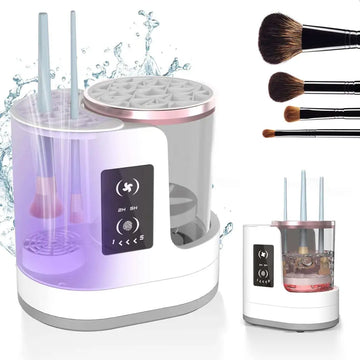 White and rose gold electric makeup brush cleaner with transparent cylindrical tank purple led lighting digital timer panel