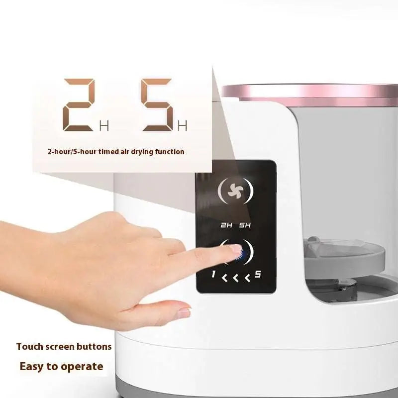 Electric makeup brush cleaner in white and rose gold with transparent cylindrical design and digital timer for 2 or 5 hours