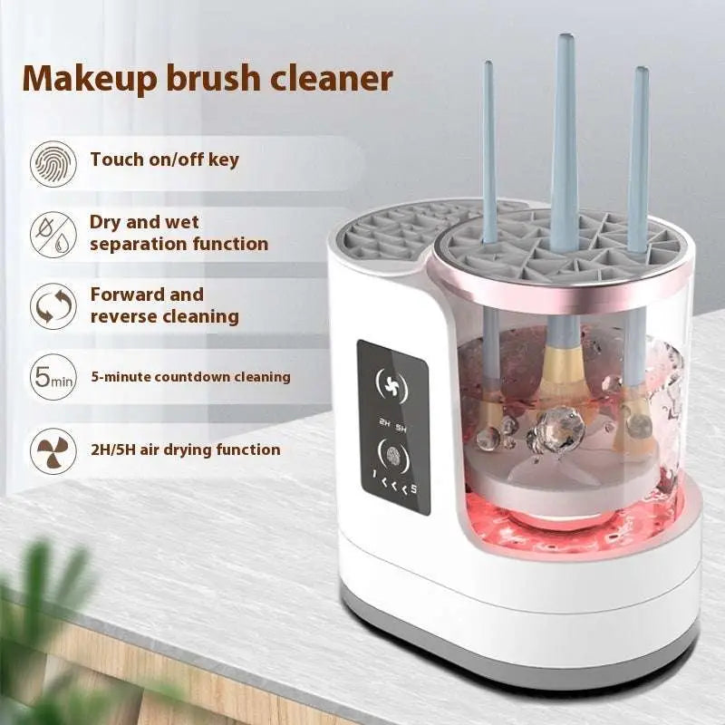 Electric makeup brush cleaner in white and rose gold with transparent cylindrical body holding brushes upright for cleaning