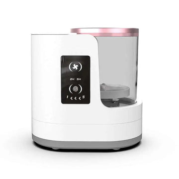 White and rose gold electric makeup brush cleaner with transparent cylindrical water tank and digital timer control panel