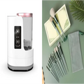 White and gray electric makeup brush cleaner with rose gold accents and transparent cylindrical digital timer