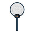 Blue electric mosquito swatter with white mesh net and orange button featuring mosquito trap mode for effective insect control