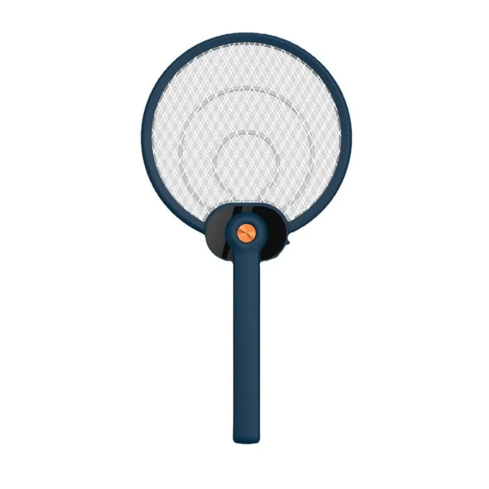 Blue electric mosquito swatter with white mesh net and orange button featuring mosquito trap mode for effective insect control