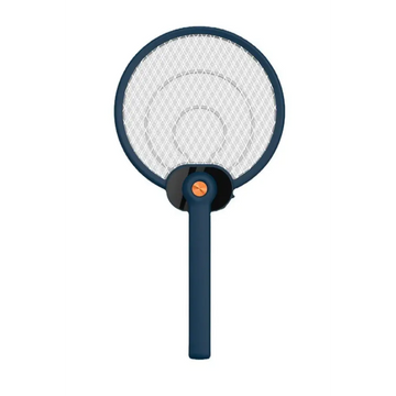 Blue electric mosquito swatter with white mesh net and orange button featuring mosquito trap mode for effective insect control