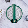 Green electric mosquito swatter with circular mesh and black base featuring mosquito trap mode for effective insect control