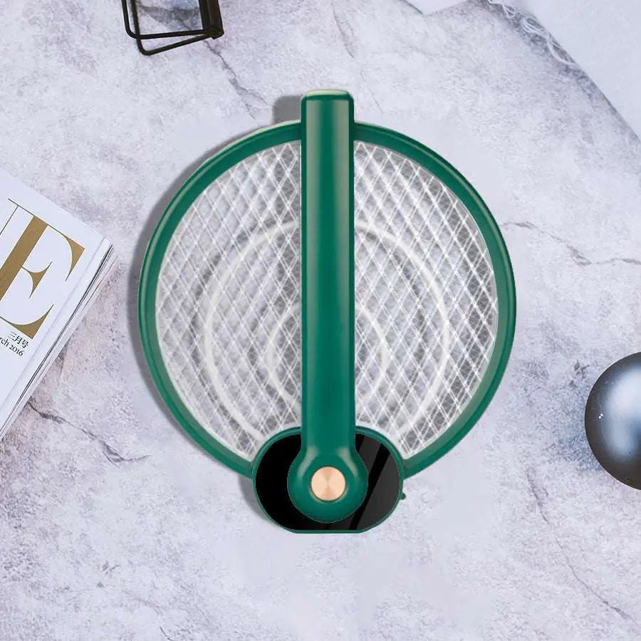 Green electric mosquito swatter with circular mesh and black base featuring mosquito trap mode for effective insect control