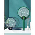 Green and navy blue electric mosquito swatters with mesh grids and orange power buttons featuring mosquito trap mode for effective insect control