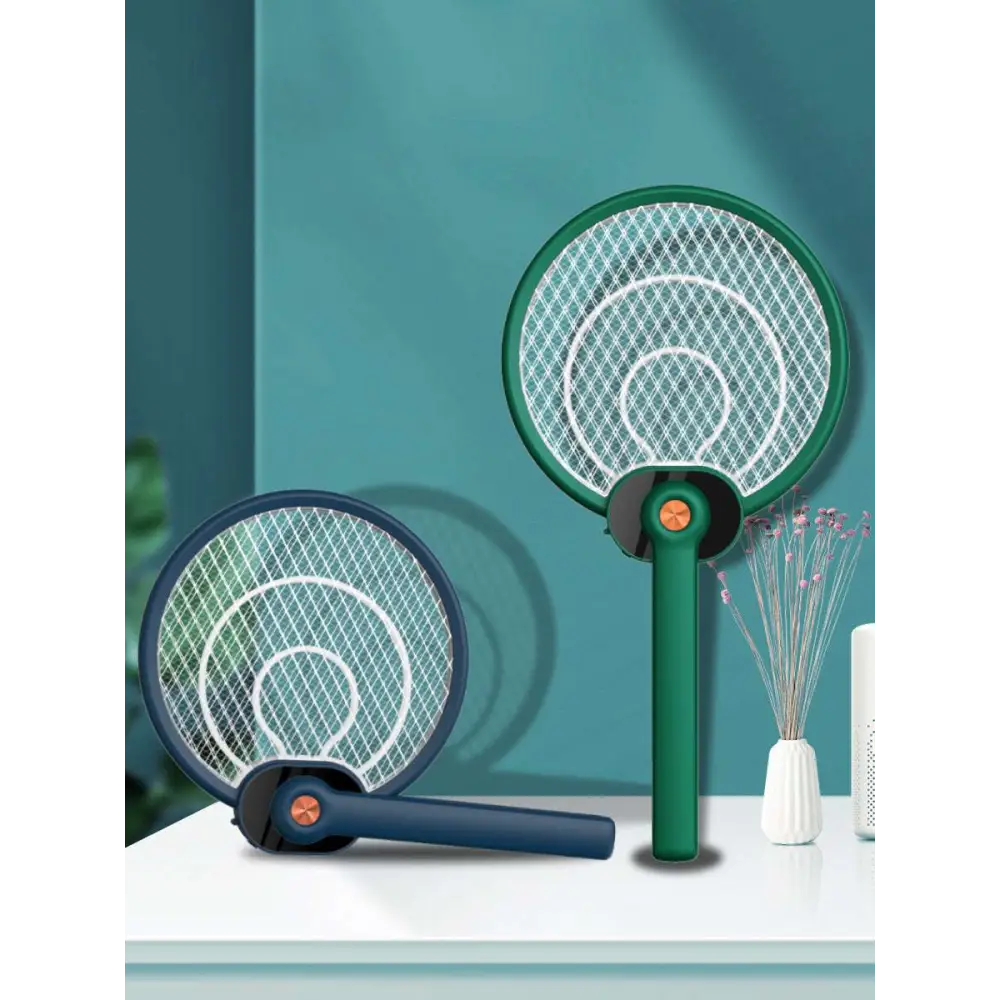 Green and navy blue electric mosquito swatters with mesh grids and orange power buttons featuring mosquito trap mode for effective insect control