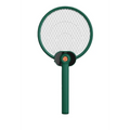 Green electric mosquito swatter with white mesh head and orange button featuring mosquito trap mode for effective insect control