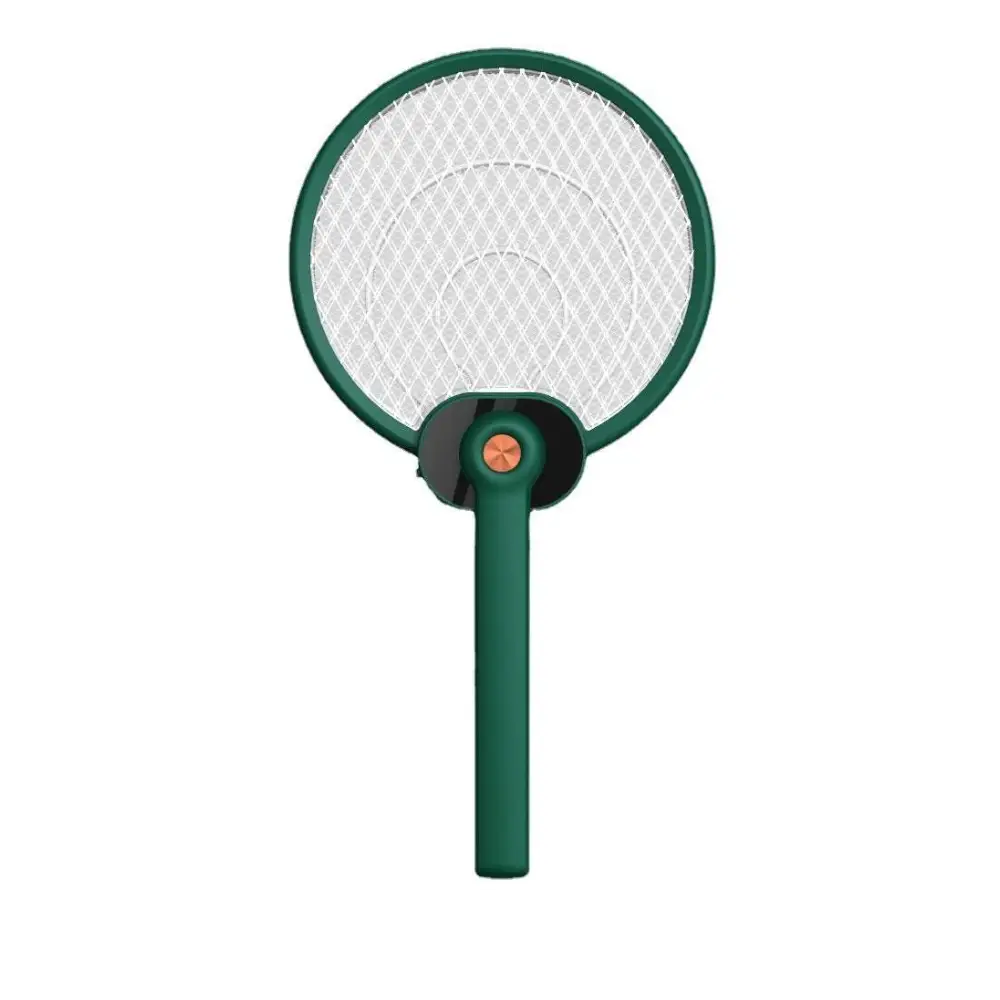 Green electric mosquito swatter with white mesh head and orange button featuring mosquito trap mode for effective insect control