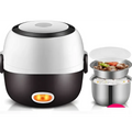 Black and white electric multi-function lunch box with stainless steel bowls for versatile meal serving and heating