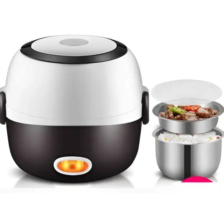 Black and white electric multi-function lunch box with stainless steel bowls for versatile meal serving and heating