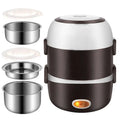 Brown and white electric multi-function lunch box with stainless steel bowls and multiple compartments for meals